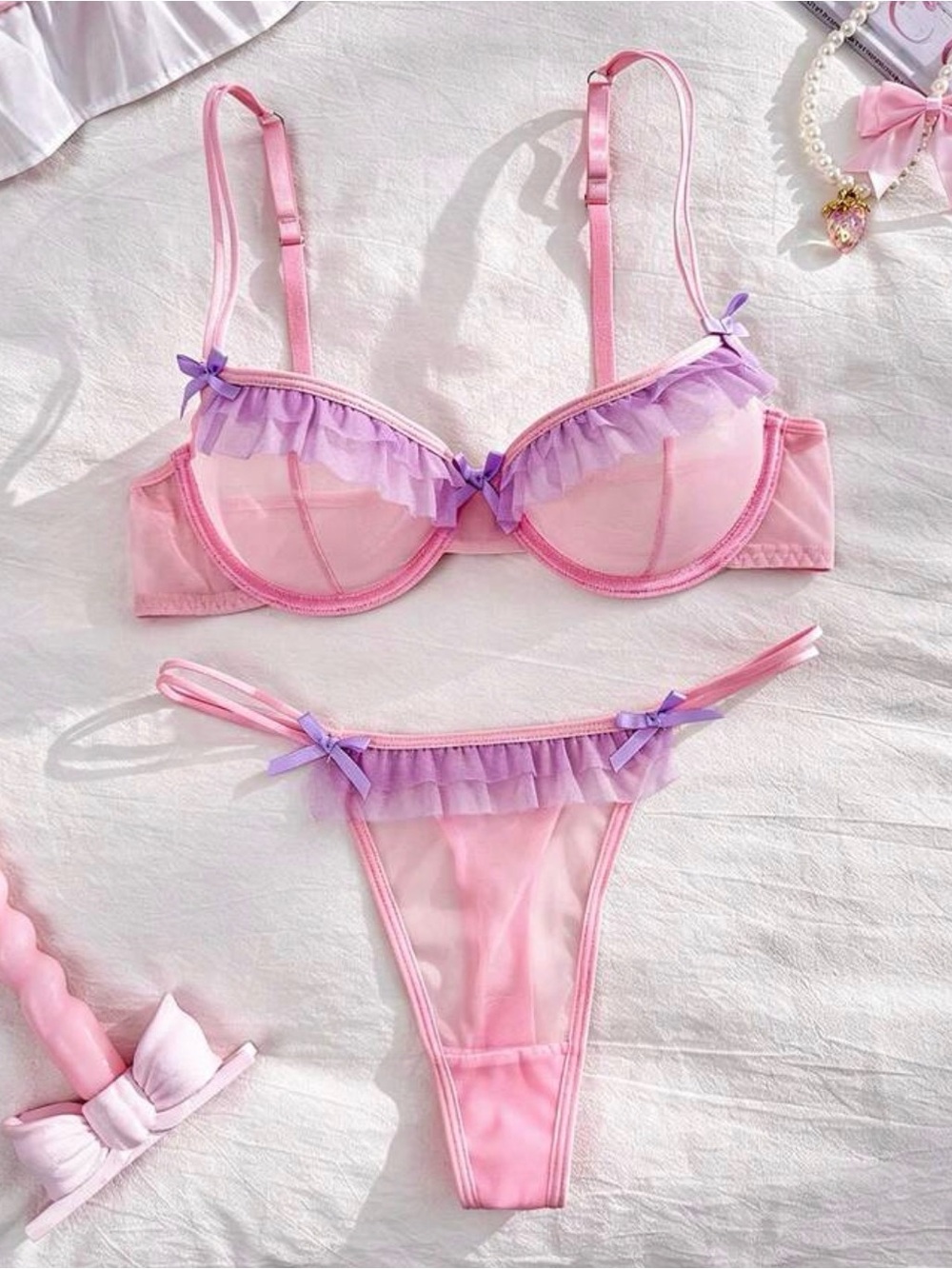 Lingerie Ruffle Trim Pink and Purple Mesh Underwire Bra and Thong Set Stripper